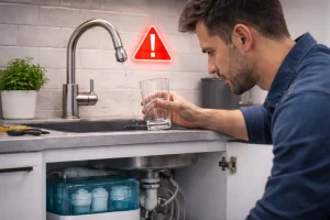 Su arıtma cihazı su vermiyor arızası kontrolü ve tamiri yapan teknisyen