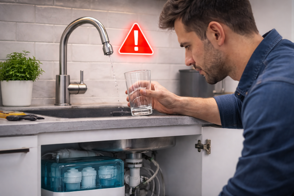 Su arıtma cihazı su vermiyor arızası kontrolü ve tamiri yapan teknisyen